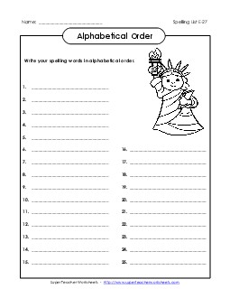 ABC Order: Write List (E-27) Spelling E Worksheet