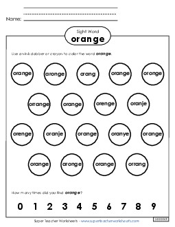 Dab or Color: Orange Sight Words Individual Worksheet