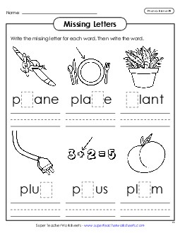 Missing Letters (Pl- Words) Phonics Blends Worksheet