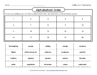 ABC Order: Cut and Paste (D-Thanksgiving)  Spelling D Worksheet