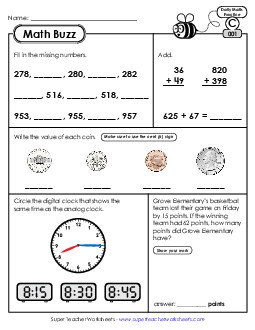 Math Buzz: Week 1 Worksheets 1 through 5 Free Daily Math Review Worksheet