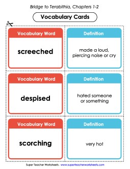 Vocabulary Cards for Chapters 1-2 Book Bridge To Terabithia Worksheet