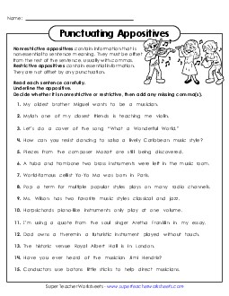 Punctuating Appositives Worksheet