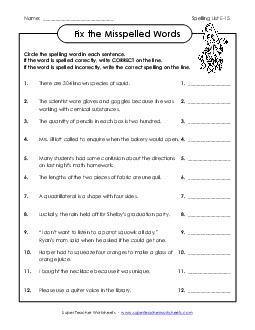 Fix the Mistakes (E-15) Spelling E Worksheet