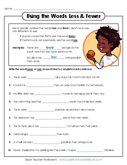 Fewer and Less Adjectives Worksheet