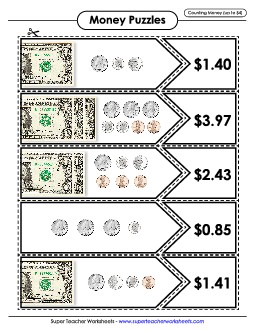 Money Matching Puzzle (Up to $4) Counting Money Worksheet