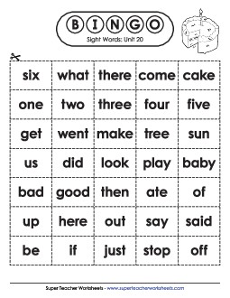 Sight Word Bingo (Unit 20) Sight Words Worksheet