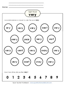 Dab or Color: Very Sight Words Individual Worksheet