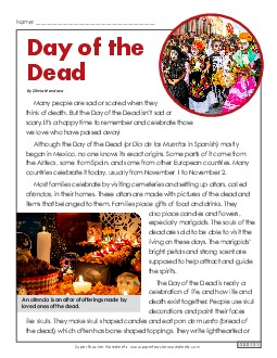 Day of the Dead Article 5th Grade Reading Comprehension Worksheet