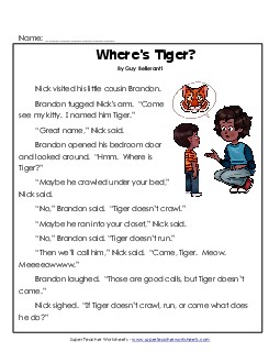 Where\'s Tiger?  1st Grade Reading Comprehension Worksheet