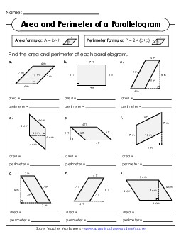 Areas & Perimeters of Parallelograms (Basic) Worksheet