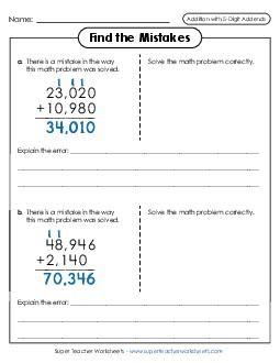 Find the Mistakes Addition Worksheet