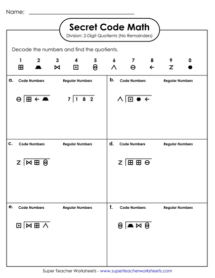 Secret Code Math: 3-Digit Dividends; 2-Digit Quotients; No Remainders Division Worksheet