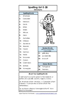 Spelling List (E-28) Spelling E Worksheet