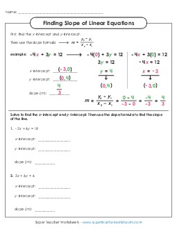 Slope of Linear Equations (X and Y-Intercept) Worksheet