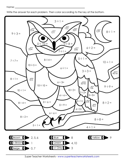 Division Mystery Picture: Owl Worksheet