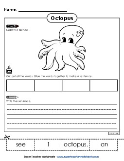 Build a Sentence: I see an octopus. Ocean Life Worksheet