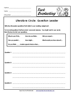 Literature Circles: Question Leader Book Tuck Everlasting Worksheet