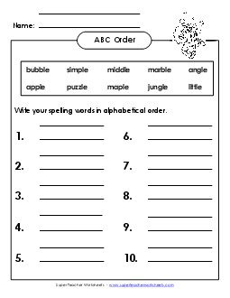 ABC Order: Write List (B-27) Spelling B Worksheet