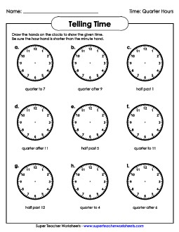 Draw Clock Hands: Quarter Hour Time Worksheet