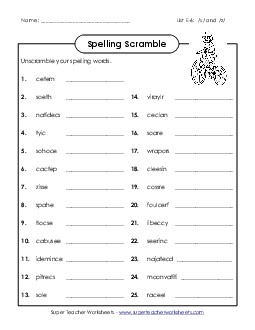 Word Scramble (E-6) Free Spelling E Worksheet