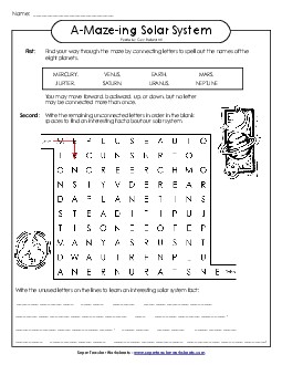 Word-Maze Puzzle: Planets A Maze Ing Worksheet