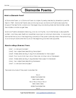 Writing Diamante Poems Poetry Worksheet