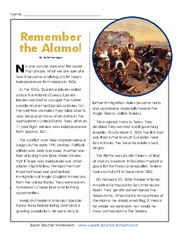 Remember the Alamo (Full Article) Reading Comprehension Worksheet