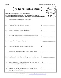 Fix the Misspelled Words (C-Thanksgiving)  Spelling C Worksheet