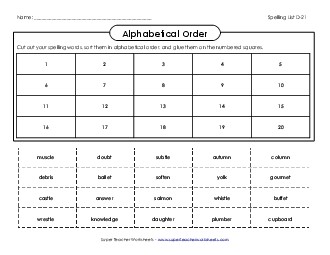 ABC Order: Cut/Glue (D-21) Spelling D Worksheet