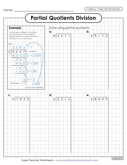 Partial Quotients (Graph Paper)  4-Digit by 1-Digit Division (with Remainders) Worksheet