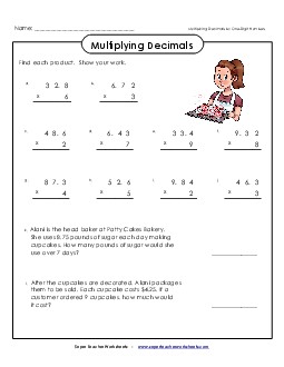 Multiplying Decimals by 1-Digit Numbers Worksheet