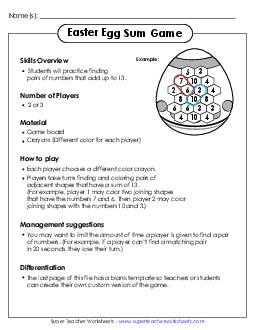 Easter Sum Game Free Addition Sum Game Worksheet