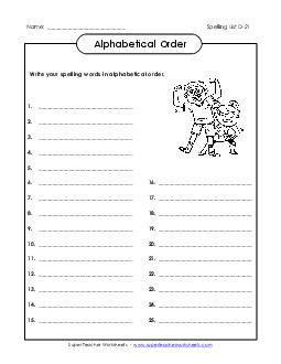 ABC Order: Write List (D-21) Spelling D Worksheet