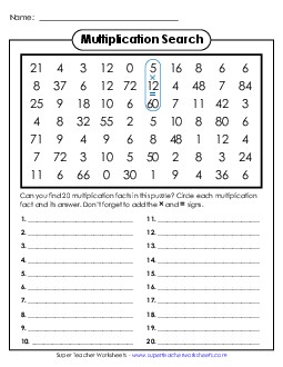 Multiplication Number Search: 0-12 Worksheet