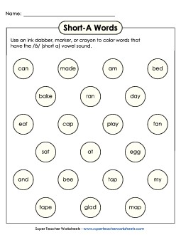 Dabber Activity (Short A Words) Phonics Long Short A Worksheet