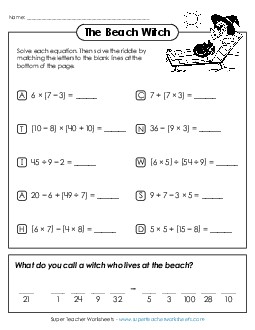 Math Riddle: Witch at the Beach Order of Operations (Includes Parentheses, No Exponents) Worksheet