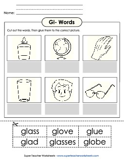 Cut and Glue (Gl- Words) Free Phonics Blends Worksheet