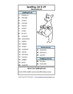 Spelling List D-29 Spelling D Worksheet