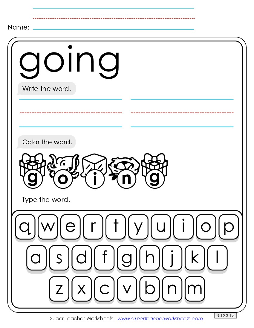 Write, Color, Type: Going Sight Words Individual Worksheet