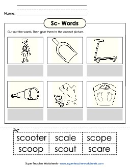 Cut and Glue (Sc- Words) Free Phonics Blends Worksheet