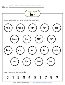 Dab or Color: Ten Sight Words Individual Worksheet