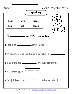 Complete the Sentences (A-Valentine\'s Day)  Spelling A Worksheet