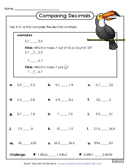 Comparing Decimals (Tenths) Worksheet