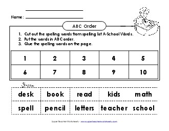 ABC Order: Cut and Glue (A-School Words)  Spelling A Worksheet