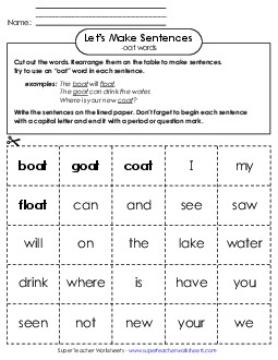 Make Sentences: Word Cards (-oat) Word Families Worksheet