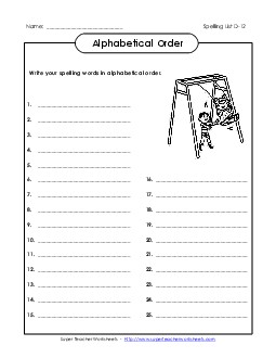 ABC Order: Write List (D-12) Spelling D Worksheet