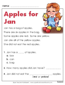 Apples for Jan Kindergarten Reading Comprehension Reading Comp Kindergarten Worksheet