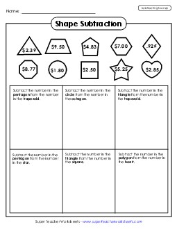 Shape Math: Subtracting Money Subtraction Worksheet