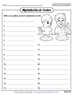 Alphabetical Order: Whole List (F-16) Spelling F Worksheet